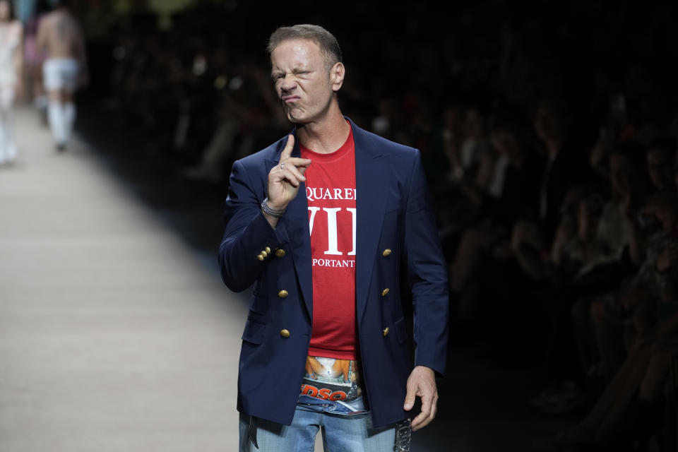 A model wears a creation as part of the Dsquared2 men's Spring Summer 2024 collection presented in Milan, Italy, Friday, June 16, 2023. (AP Photo/Luca Bruno)