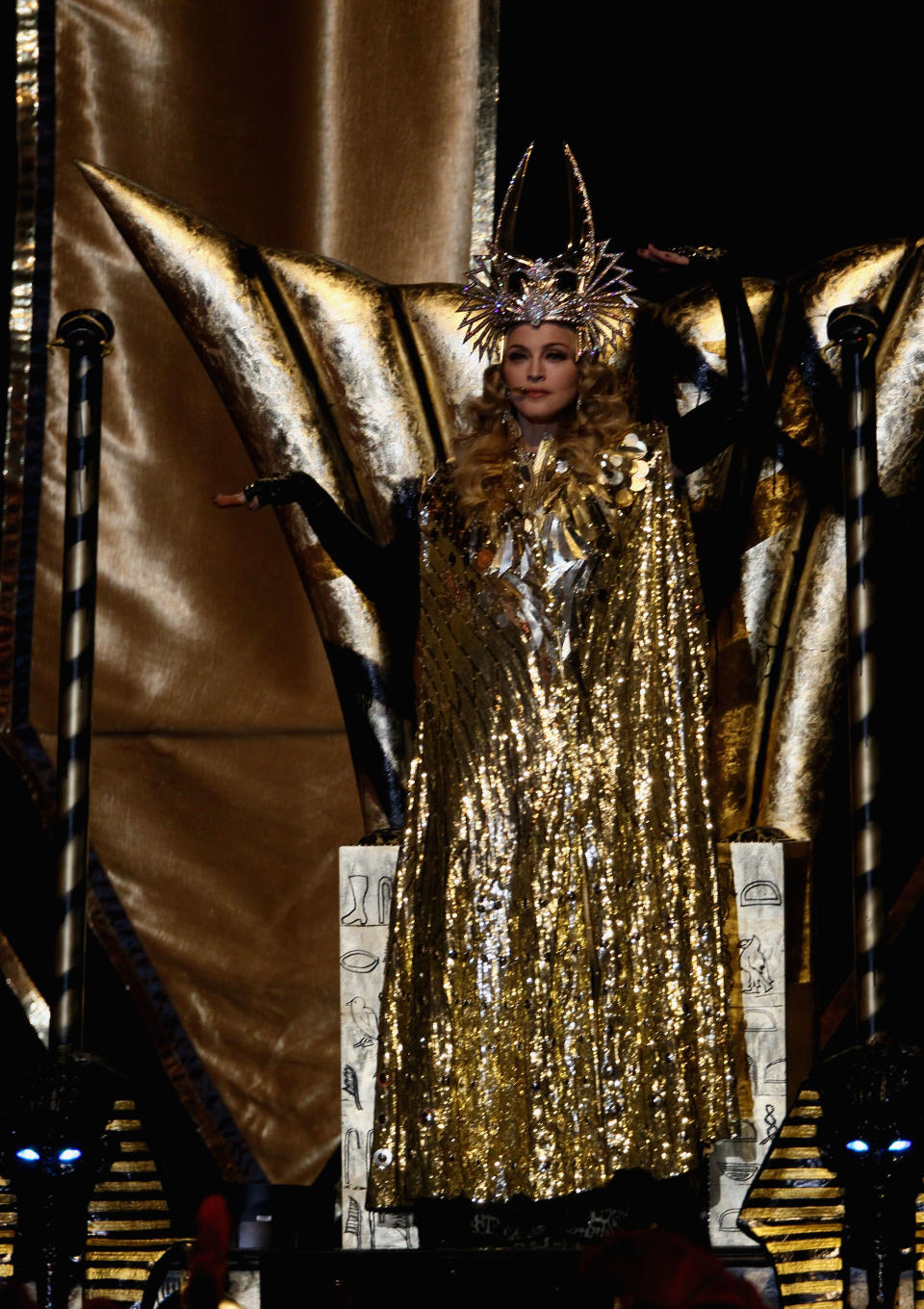 INDIANAPOLIS, IN - FEBRUARY 05: Singer Madonna performs during the Bridgestone Super Bowl XLVI Halftime Show at Lucas Oil Stadium on February 5, 2012 in Indianapolis, Indiana. (Photo by Win McNamee/Getty Images)