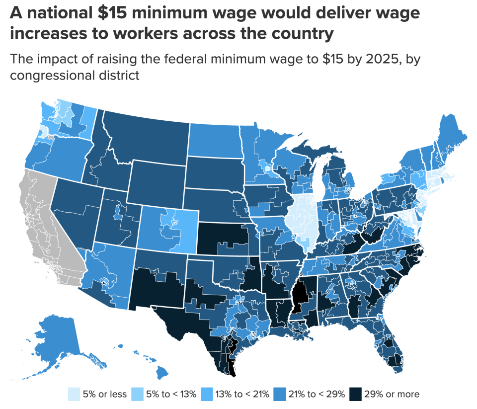 The estimated affects of a $15 minimum wage by county. (Economic Policy Institute)