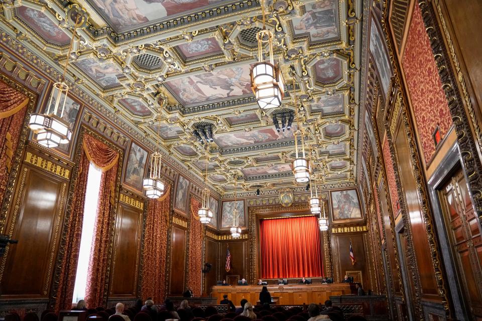 Feb 7, 2023; Columbus, OH, United States;  The Ohio Supreme Court listens to oral arguments. From left are justices Jennifer Brunner, Michael Donnelly, Patrick Fischer, chief justice Sharon Kennedy, Patrick DeWine, Melody Stewart and Joe Deters Mandatory Credit: Adam Cairns-The Columbus Dispatch