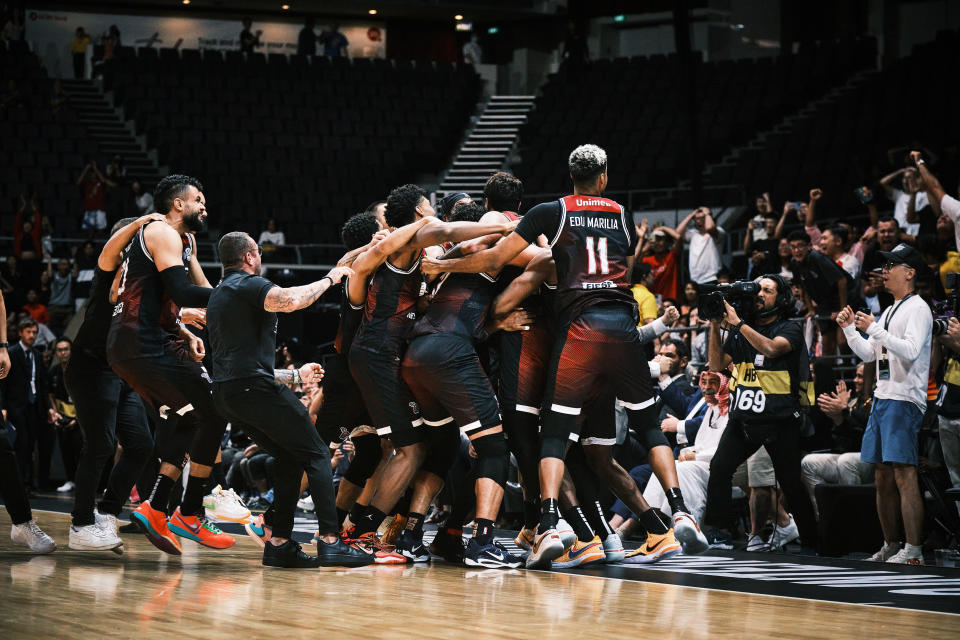 Sesi Franca players celebrate wildly after winning the FIBA Intercontinental Cup final with a buzzer-beater. (PHOTO: FIBA)
