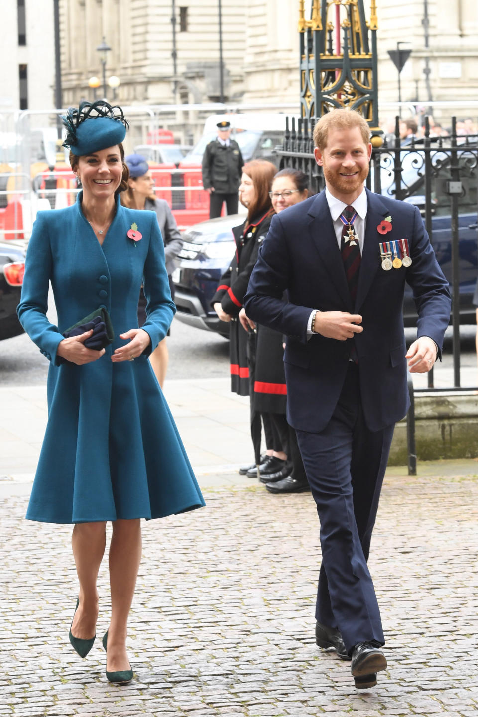 The Duchess of Cambridge and Prince Harry attend a service of commemoration and thanksgiving to mark Anzac Day in Westminster Abbey in London on Thursday. (Photo: JEREMY SELWYN via Getty Images)