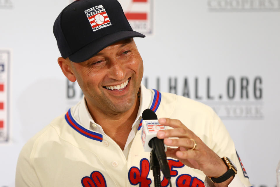 NEW YORK, NEW YORK - JANUARY 22:  Derek Jeter speaks to the media after being elected into the National Baseball Hall of Fame Class of 2020 on January 22, 2020 at the St. Regis Hotel in New York City. The National Baseball Hall of Fame induction ceremony will be held on Sunday, July 26, 2020 in Cooperstown, NY. (Photo by Mike Stobe/Getty Images)