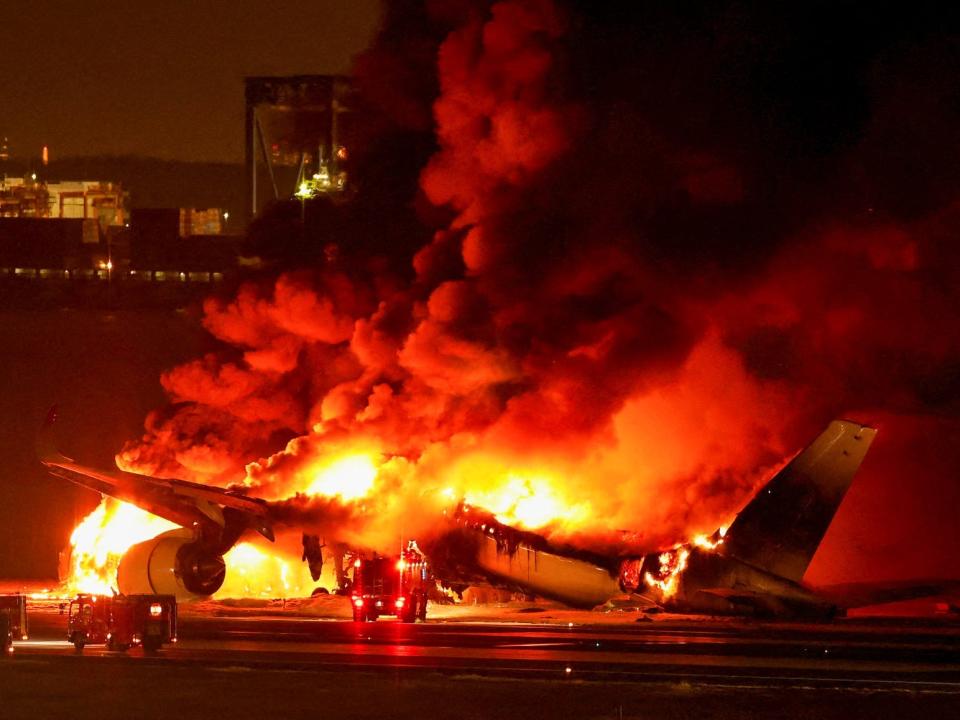 Japan Airlines' Airbus A350 engulfed in flames on the runway of Haneda International Airport in Tokyo, Japan on January 2, 2024.