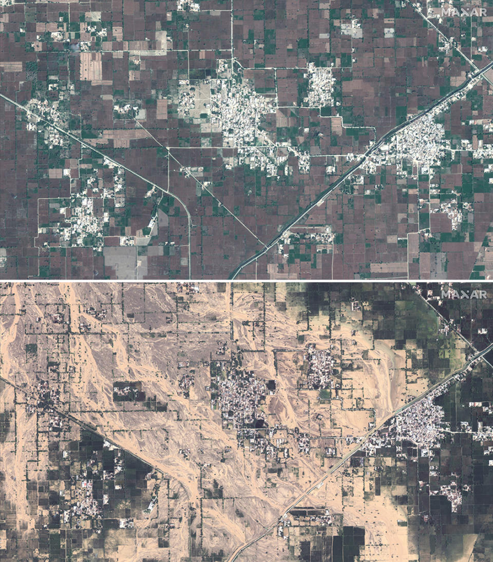 This image provided by Maxar Technologies shows an overview before flooding in Gudpur, Pakistan on April 4, 2022 (above) and an overview after flooding in Gudpur, Pakistan on Tuesday, Aug. 30, 2022. Disaster officials say nearly a half million people in Pakistan are crowded into camps after losing their homes in widespread flooding caused by unprecedented monsoon rains in recent weeks. (Maxar Technologies via AP)