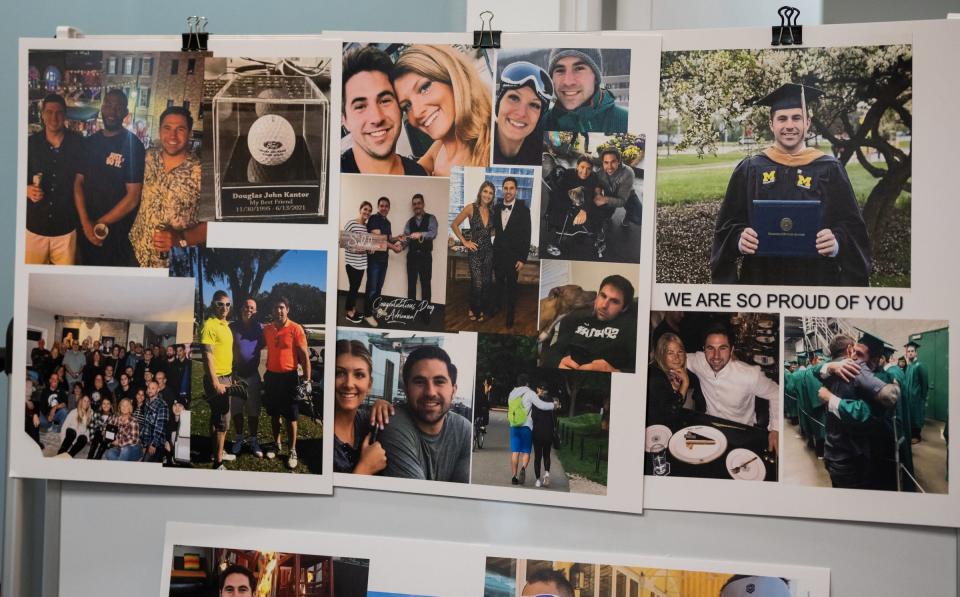 Photos of Douglas Kantor, a New York tourist who was visiting Austin when he was killed on Sixth Street, are shown by family members outside a Travis County courthouse on Tuesday.