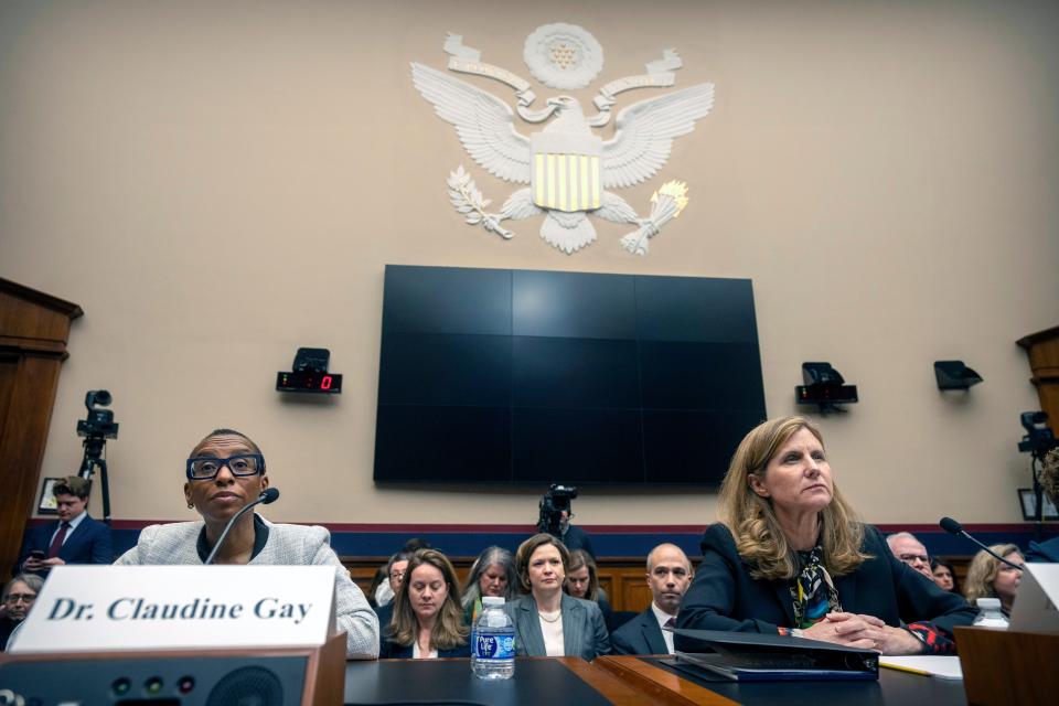 Harvard President Claudine Gay, left, speaks as University of Pennsylvania President Liz Magill listens during a Dec. 5 hearing before the House Committee on Education in Washington.