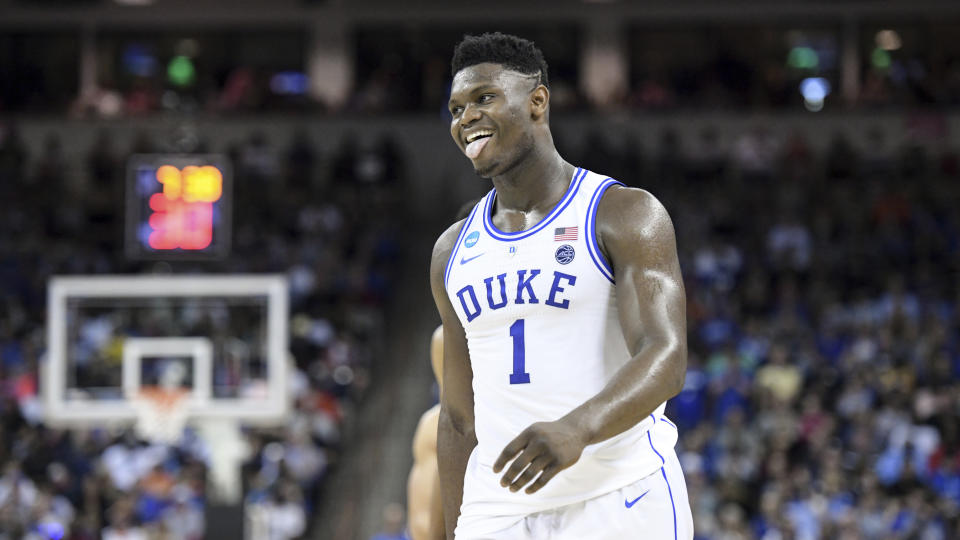 Duke forward Zion Williamson (1) reacts after getting called for a foul against Central Florida during the second half of a second-round game in the NCAA men's college basketball tournament Sunday, March 24, 2019, in Columbia, S.C. Duke defeated Central Florida 77-76. (AP Photo/Sean Rayford)