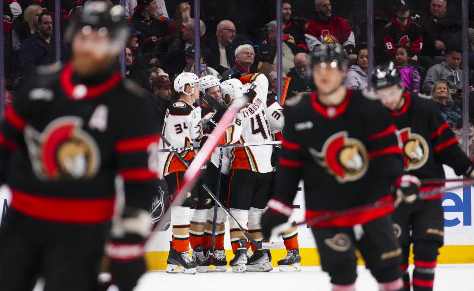 Anaheim Ducks centre Mason McTavish (23) celebrates his goal against the Ottawa Senators during the second period of an NHL hockey game Thursday, Feb. 15, 2024, in Ottawa, Ontario. (Sean Kilpatrick/The Canadian Press via AP)