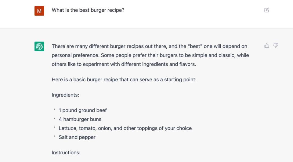 ChatGPT shares a burger recipe.