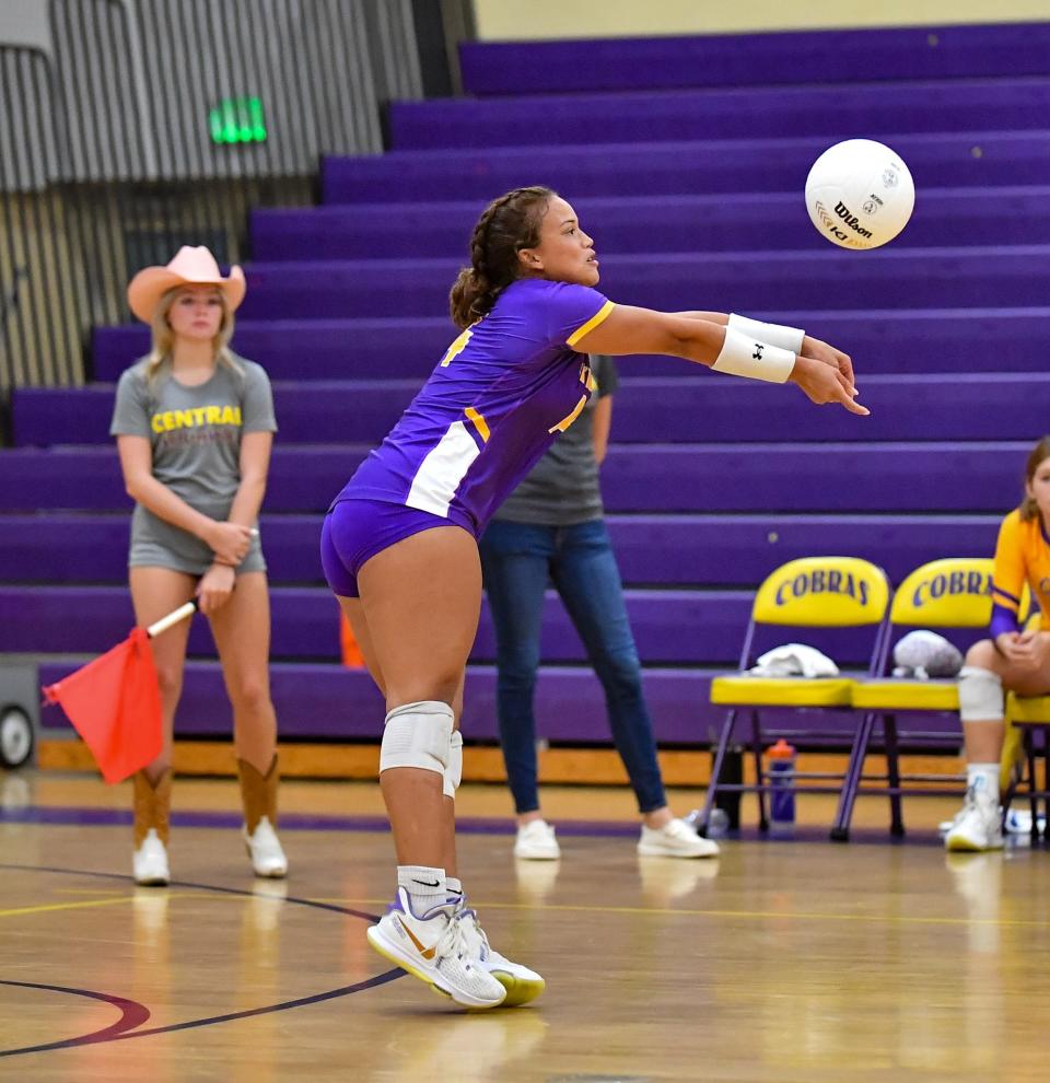 Fort Pierce Central Ivy Cooper (14) returns a shot In a high school volleyball game against Vero Beach on Tuesday, Sept. 26, 2023, in Fort Pierce. The Cobras won in three sets.
