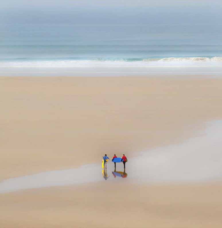 Susan Brown, Colourful surfers at Mawgan, Porth Cornwall. Living The View, adult class.