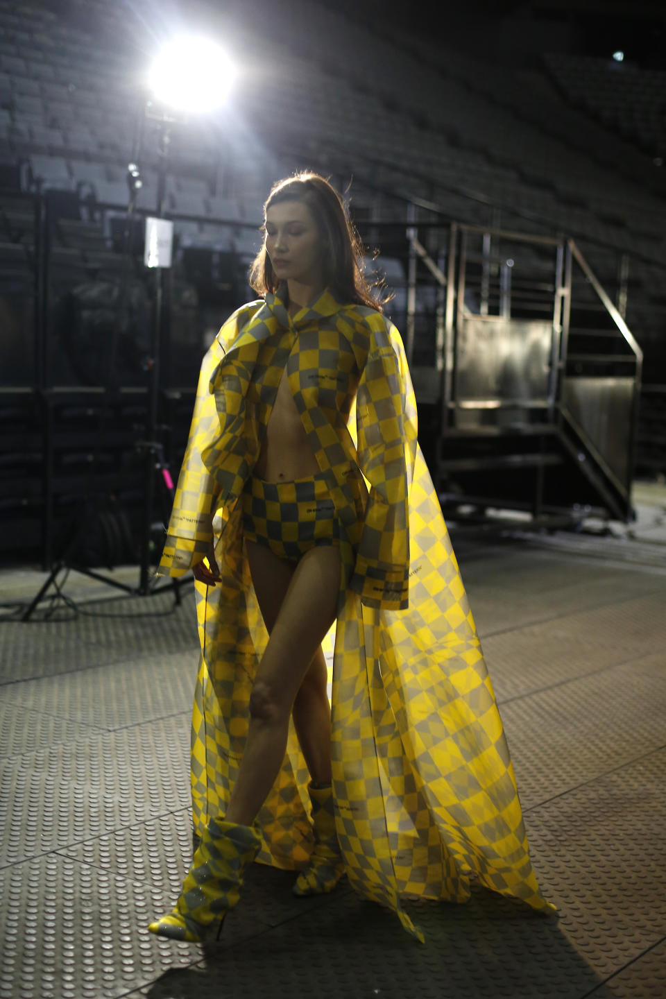 Model Bella Hadid walks backstage prior to the Off-White ready to wear Fall-Winter 2019-2020 collection, that was presented in Paris, Thursday, Feb. 28, 2019. (AP Photo/Thibault Camus)