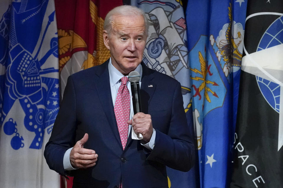 President Joe Biden speaks before a screening of the movie "Wonka" in Norfolk, Va., Sunday, Nov. 19, 2023. The film is about the early life of Roald Dahl's eccentric chocolatier, Willy Wonka. (AP Photo/Manuel Balce Ceneta)