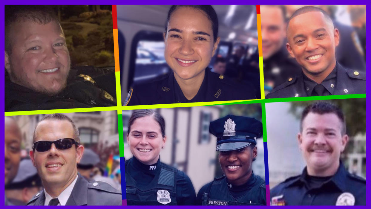 Out and proud LGBTQ cops include, clockwise from top left: Jaime Deer, Ana Arboleda, Jason Samuel, Greg Abbink, couple Taylor Mack and Nicole Wallace and Nicholas Tees. (Photos courtesy of subjects)