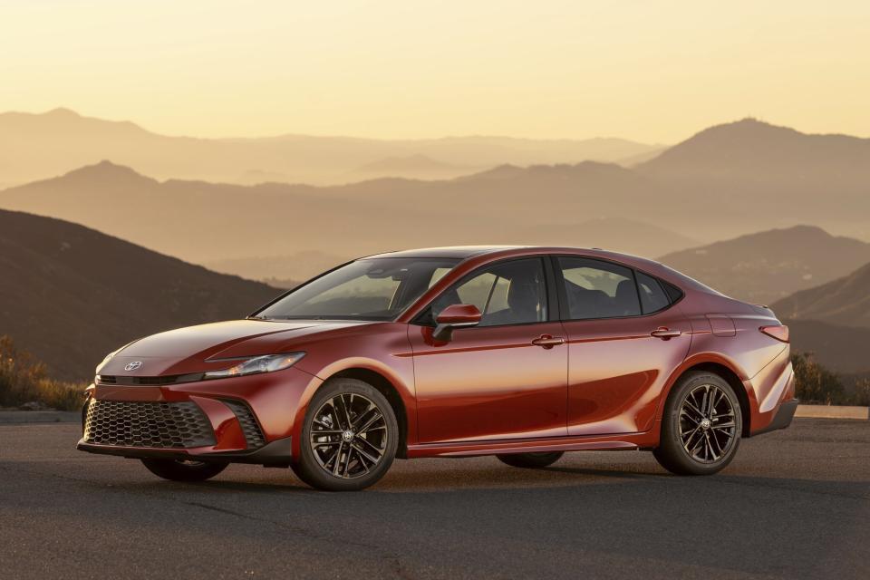This photo provided by Toyota shows the 2025 Camry. Every Camry is now a hybrid and gets an EPA fuel economy estimate of up to 52 mpg combined. (Courtesy of Toyota Motor Sales U.S.A. via AP)