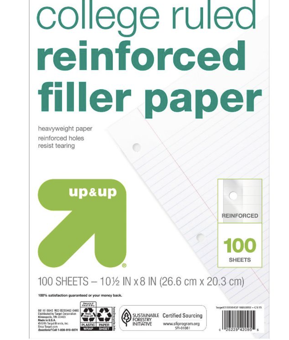 100ct College Ruled Reinforced Filler Paper
