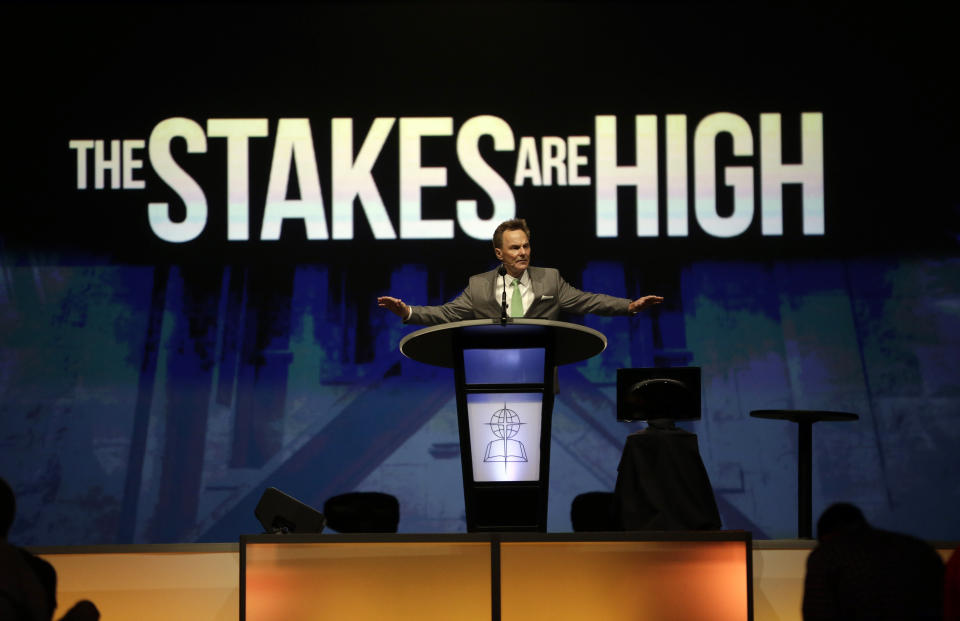 FILE - In this Tuesday, June 14, 2016, file photo, Pastor Ronnie Floyd, president of the Southern Baptist Convention, addresses members during the organization's annual meeting in St. Louis. In a Thursday, June 10, 2021, open letter to Floyd, president of the Executive Committee, and Mike Stone, then-chairman of the committee and now a candidate for convention president, critics sought to show top leaders were slow to address sexual abuse in the nation’s largest Protestant denomination, more worried about the convention’s reputation and donations than about victims of abuse. (AP Photo/Jeff Roberson, File)