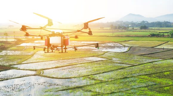 Drone flying over agriculture fields