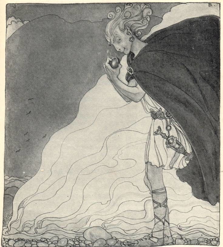 Old illustration of Loki with a large cape, holding food, and looking mischievous