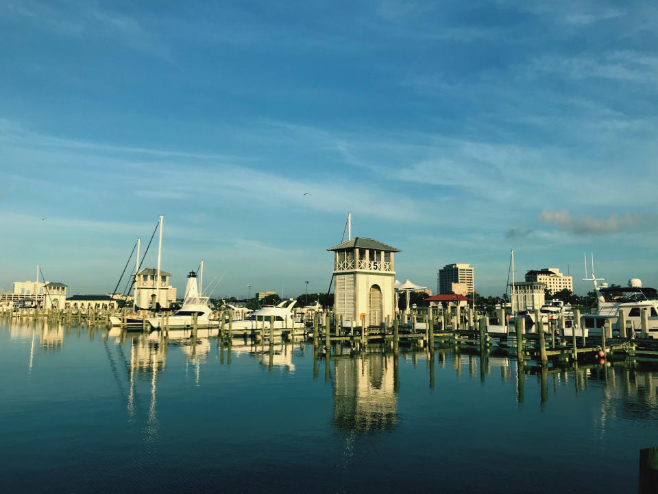 A harbor with ships in Gulfport, Mississippi.