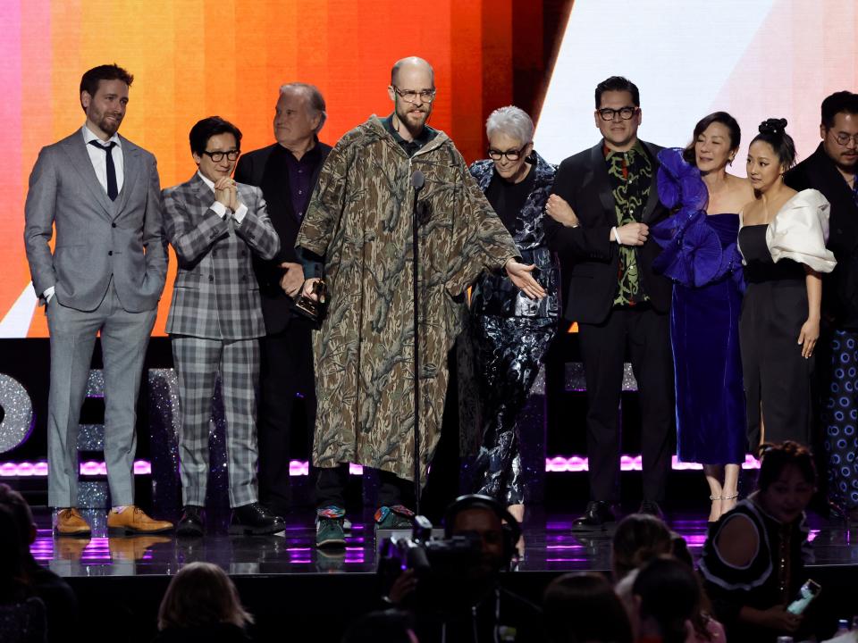 Paul Rogers, Ke Huy Quan, Timothy Headington, Daniel Scheinert, Jamie Lee Curtis, Jonathan Wang, Michelle Yeoh, Stephanie Hsu, and Dan Kwan onstage at the Film Independent Spirit Awards on March 4, 2023.