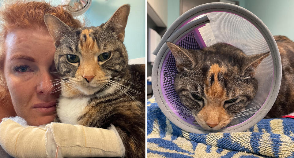 Left: Anna Tarrant looks sad beside the cat who has bandages over its paws. Right: The displeased cat whereas a medical cone over its head. 