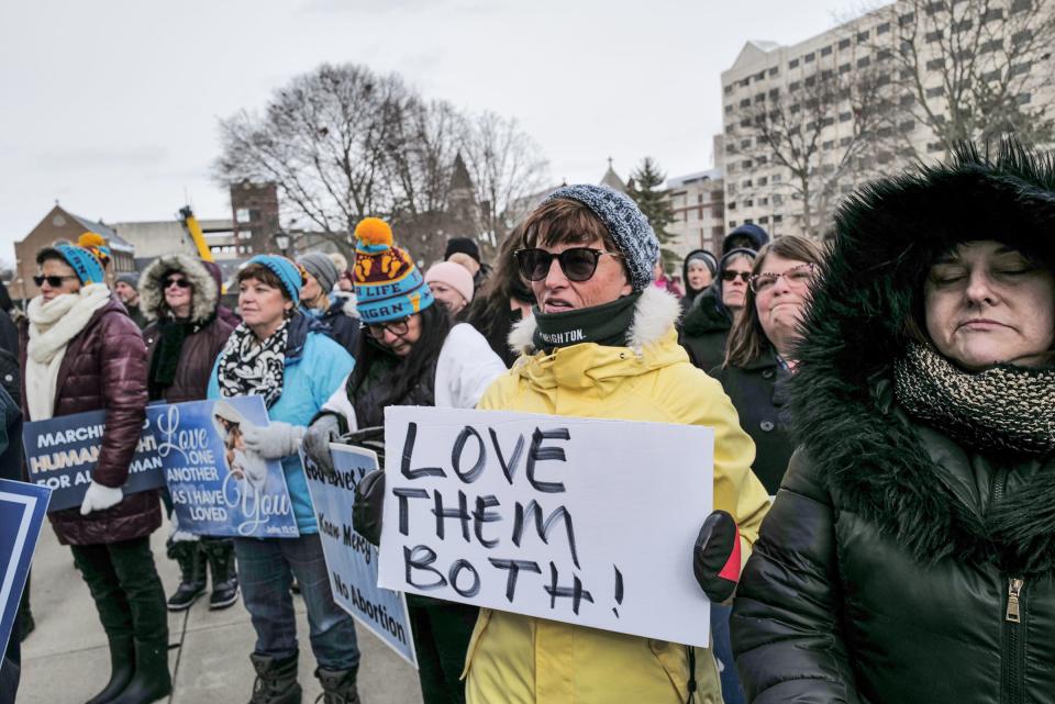 Several hundred pro-life supporters rally at the state Capitol as part of the Roe v. Wade Memorial March Saturday, Jan. 28, 2023.