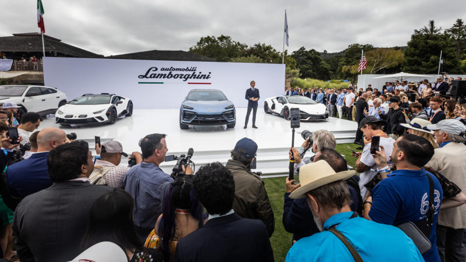 Stephan Winkelmann, CEO of Automobili Lamborghini, introduces the all-electric Lanzador concept car at the Quail, a Motorsport Gathering 2023.