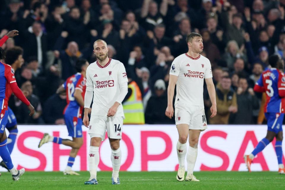 Manchester United’s Christian Eriksen and Rasmus Hojlund look dejected after conceding at Crystal Palace (REUTERS)