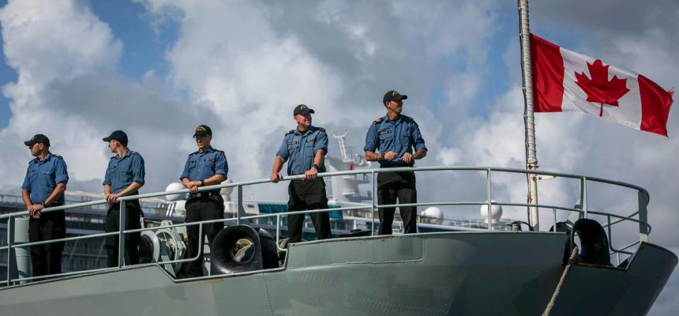 Members of the crew of the Canadian vessel HMCS Shawinigan at Port Everglades in Fort Lauderdale, Florida, on Thursday, Aug. 5, 2021. The crew and U.S. Coast Guard crews offloaded about 59,700 pounds of cocaine and 1,430 pounds of marijuana from multiple Eastern Pacific and Caribbean Sea interdictions.