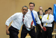 <p>President Barack Obama (L) and Britain’s Prime Minister David Cameron play table tennis at Globe Academy on May 24, 2011 in London, England. The 44th President of the United States, Barack Obama, and his wife Michelle are in the UK for a two day State Visit at the invitation of HM Queen Elizabeth II. During the trip they will attend a state banquet at Buckingham Palace and the President will address both houses of parliament at Westminster Hall. (Paul Hackett – WPA Pool/Getty Images) </p>