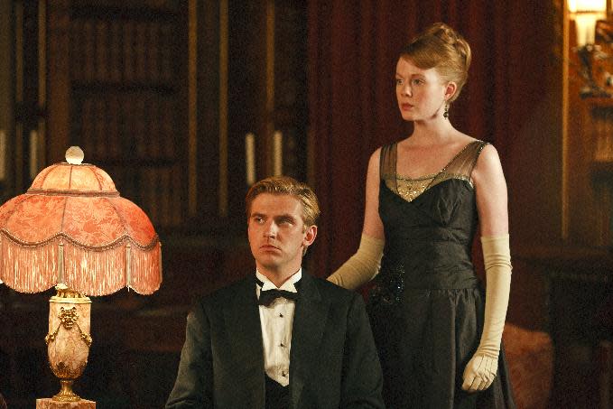In this image released by PBS, Dan Stevens as Matthew Crawley, left, and Zoe Boyle as Lavinia Swire are shown in a scene from the second season of "Downton Abbey." The 64th annual Primetime Emmy Awards will be presented Sept. 23 at the Nokia Theatre in Los Angeles, hosted by Jimmy Kimmel and airing live on ABC. (AP Photo/PBS, Carnival Film & Television Limited 2011 for MASTERPIECE, Nick Briggs)