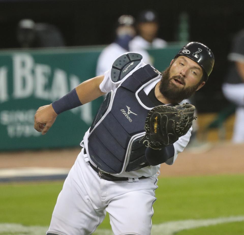 Detroit Tigers catcher Austin Romine catches a foul ball vs. the Cleveland Indians during the eighth inning at Comerica Park, Saturday, August 15, 2020.