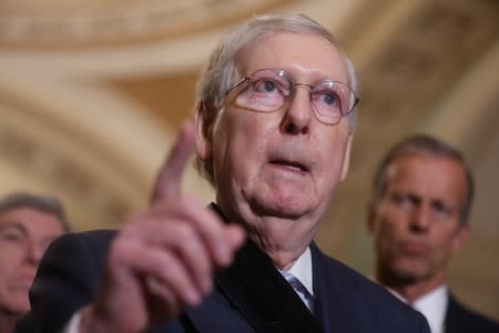 Senate Majority Leader McConnell talks to reporters on Capitol Hill in Washington