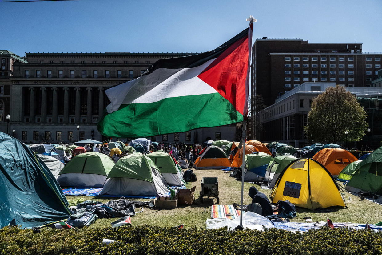 In a growing number of college campuses throughout the country, student protesters are setting up tent encampments on school grounds to call for a ceasefire in Gaza and for their schools to divest from Israeli companies. (Stephanie Keith / Getty Images file)