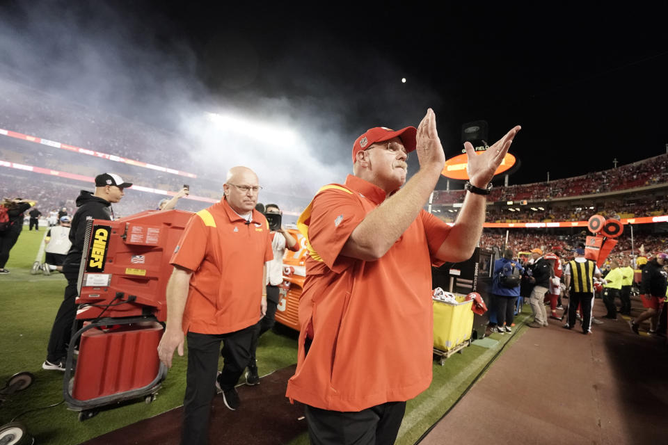 Kansas City Chiefs head coach Andy Reid applauds after an NFL football game against the Las Vegas Raiders Monday, Oct. 10, 2022, in Kansas City, Mo. The Chiefs won 30-29. (AP Photo/Ed Zurga)