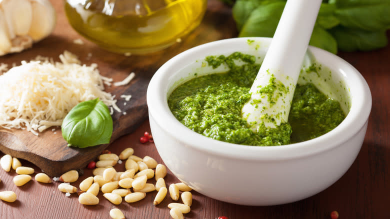 Pesto in mortar and pestle