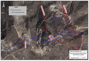 Locations of 2021 drill holes completed on the Santo Domingo Silver Property, the main mineralized vein systems (red dashes), and historical drill hole traces.