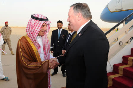 U.S. Secretary of State Mike Pompeo shakes hands with Saudi Foreign Minister Adel Al-Jubeir upon his arrival in Riyadh, Saudi Arabia April 28, 2018. Saudi Press Agency/Handout via REUTERS