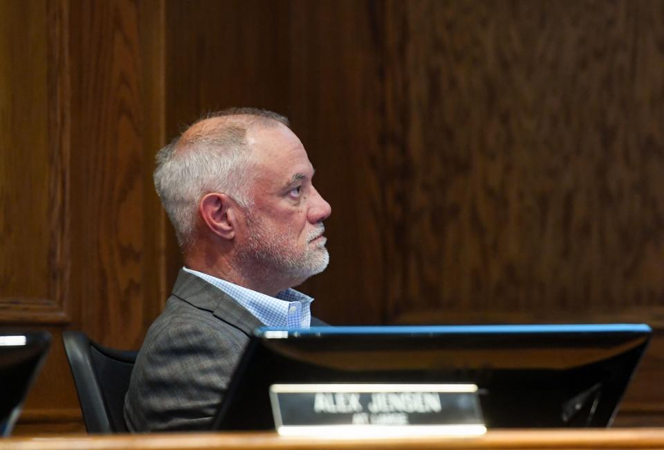 Councilor Curt Soehl listens as Mayor Paul TenHaken gives the annual budget address on Thursday, July 21, 2022, at Carnegie Town Hall in Sioux Falls.