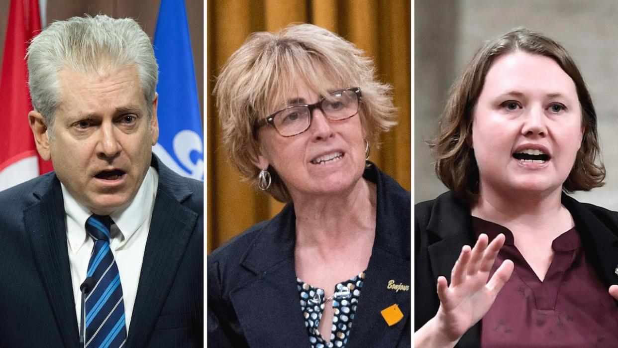 From left to right, NDP MPs Charlie Angus, Carol Hughes and Rachel Blaney. All three MPs have announced that they will not be seeking re-election in the next federal campaign. (Adrian Wyld/The Canadian Press, Justin Tang/The Canadian Press - image credit)