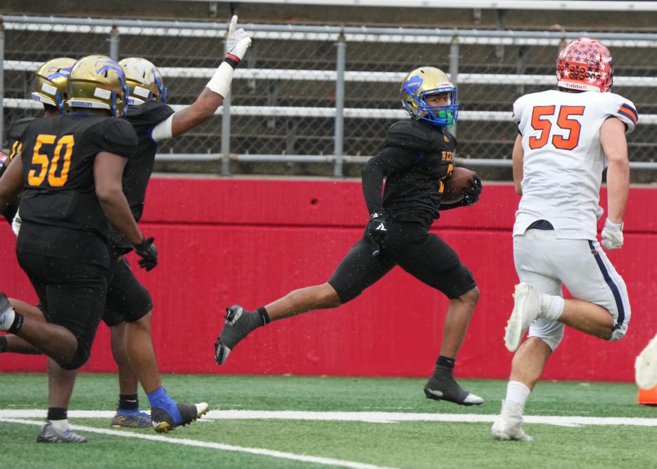 Wilson Torres (2) of Woodbury returns an interception for TD in the second half as Woodbury defeated Mountain Lakes 31-7 to win the NJSIAA Group 1 Football Championship played in SHI Stadium at Rutgers in Piscataway, NJ in December 3,  2022.