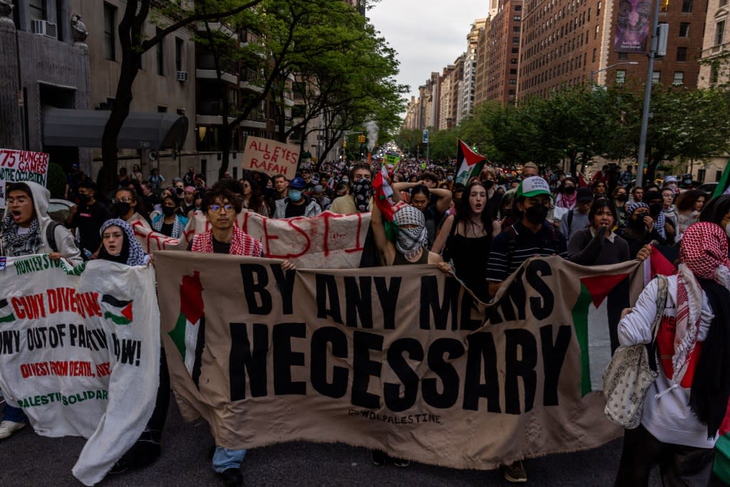 NEW YORK, NEW YORK – MAY 6: Pro-Palestine protestors march on the outskirts of the Met Gala on May 6, 2024 in New York City. A demonstration at Hunter College drew around 200 protesters, who joined other area-college marches to the Met Gala being held this evening at the Metropolitan Museum of Art. (Photo by Alex Kent/Getty Images)