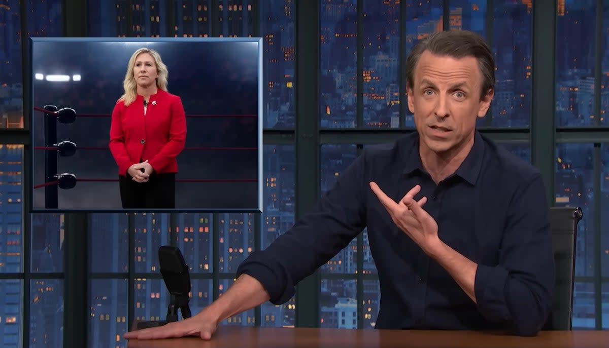 Seth Meyers mocked Marjorie Taylor Greene using a ‘backhanded compliment’ from a Donald Trump rally (NBC Universal/YouTube)