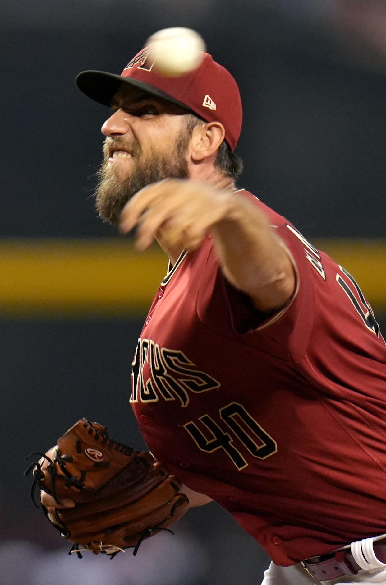 Aug 10, 2022; Phoenix, Ariz.,USA; Arizona Diamondbacks Madison Bumgarner pitches against the Pittsburgh Pirates at Chase Field. Mandatory Credit: Joe Rondone-Arizona Republic