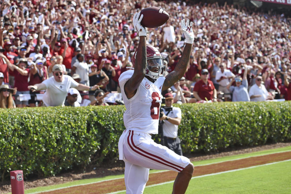 Alabama's DeVonta Smith reacts after scoring a touchdown during the first half of an NCAA college football game against South Carolina Saturday, Sept. 14, 2019, in Columbia, S.C. (AP Photo/Richard Shiro)