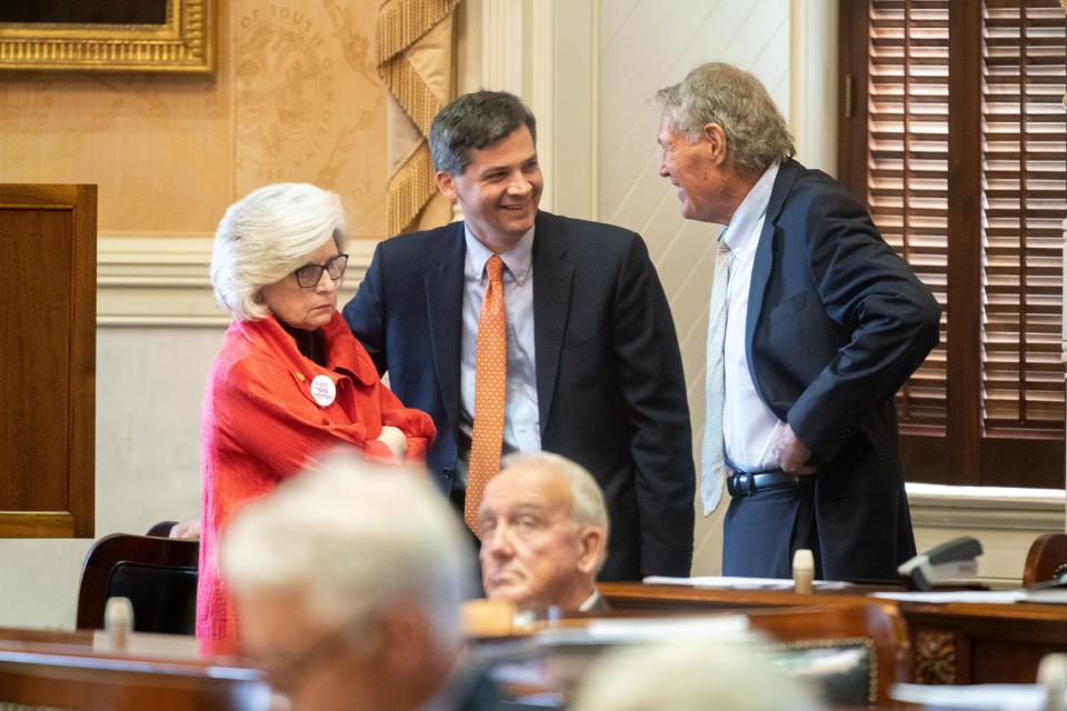 COLUMBIA, SOUTH CAROLINA - MAY 23: Republican state Sen. Katrina Shealy leaves a discussion with Republican Majority Leader Shane Massey (C) and Republican Sen. Harvey Peeler during debate and before the body passed a six-week ban on abortion. (Photo by Sean Rayford/Getty Images)