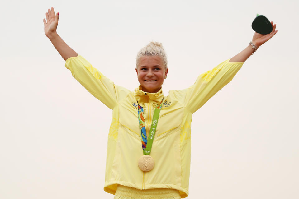 during the Women's Cross-Country Mountain Bike Race on Day 15 of the Rio 2016 Olympic Games at the Mountain Bike Centre on August 20, 2016 in Rio de Janeiro, Brazil.