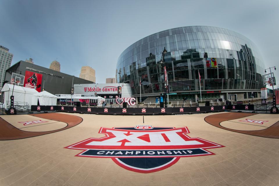 OU has been coming to Kansas City, hard by the Missouri River, since 1946. That’s when the hottest pop stars were the Andrews Sisters & Nat King Cole. (ABOVE): The T-Mobile Center is decked out on Wednesday ahead of this year's Big 12 men's basketball tournament.